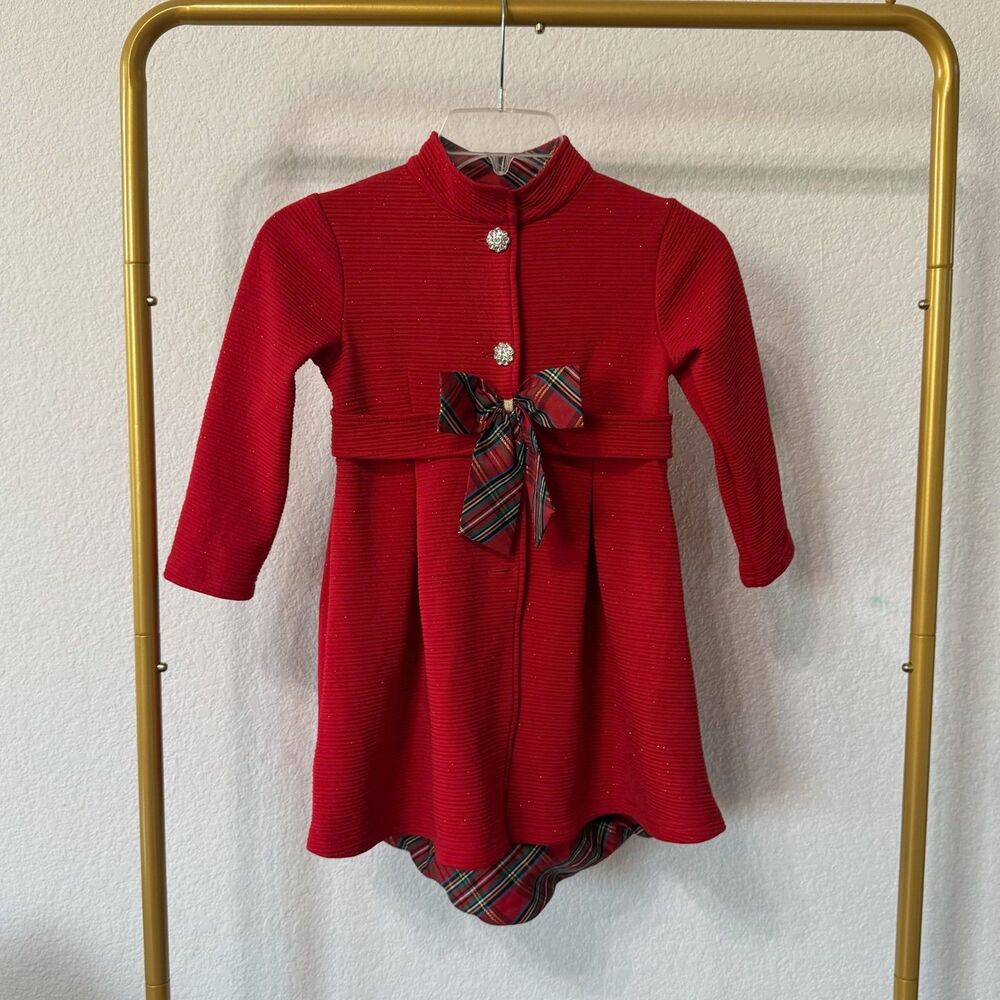 Girls Red Holiday Dress coat with Plaid Bow | Christmas Party Dress Size 5